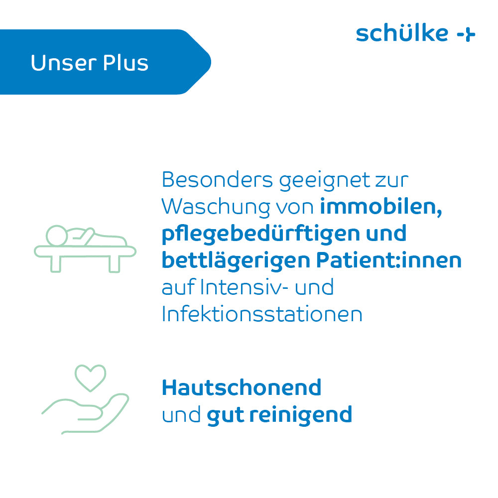 Eine Grafik mit Text, der für Produkte der Schülke & Mayr GmbH wirbt und deren Eignung zum Waschen immobiler und bettlägeriger Patienten auf Intensiv- und Infektionsstationen hervorhebt. Darin wird angegeben, dass die Schülke esemtan® Waschhandschuhe, 10er Pack | Packung (10 Handschuhe) hautschonend sind und gut reinigen. Enthält einfache Symbole eines Betts und einer Hand mit Herz.