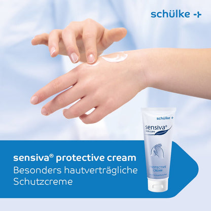 Η προστατευτική κρέμα Schülke sensiva® για την προστασία του δέρματος, σε φιάλη των 100 ml, εφαρμόζεται στο πίσω μέρος των χεριών. Η σύνθεσή της τύπου «νερό σε λάδι» διακρίνεται για την καλή ανεκτικότητα από το δέρμα και την προστασία από δερματικούς ερεθισμούς. Στη συσκευασία υπάρχει κείμενο στα γερμανικά.