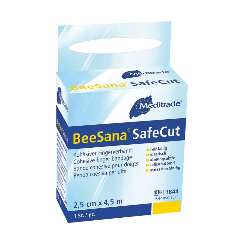Η εικόνα δείχνει έναν επίδεσμο δακτύλου BeeSana© SafeCut της Meditrade GmbH σε μπλε-κίτρινη συσκευασία με την επιγραφή «Fingerverband» και «latexfrei». Μετρά 2,5 cm x 4,5 m με ένα ρολό μέσα, περιέχει πολυγλωσσικό κείμενο και φέρει τον αριθμό αναφοράς 1844 για ανάγκες προστασίας πληγών.