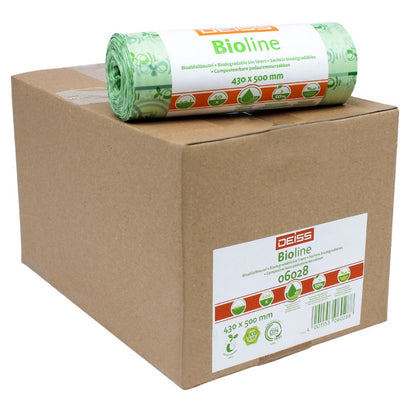 Ένα χαρτόνι με την επιγραφή «EMIL DEISS KG (GmbH + Co.)» και έναν ρόλο πράσινων, 100% κομποστοποιήσιμων σακουλών βιοαποβλήτων επάνω του. Οι σακούλες αναγράφονται ως «430 x 500 mm», που αντανακλά τις διαστάσεις τους. Και τα δύο αντικείμενα παρουσιάζονται σε ένα απλό λευκό φόντο.