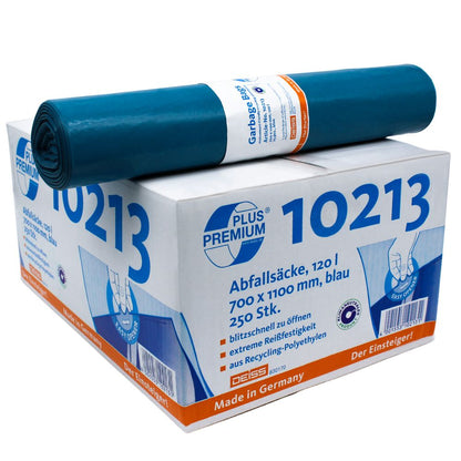 Σε ένα κουτί με την επιγραφή „DEISS Premium Plus® Typ-60 Abfallsäcke 10213“ και γερμανική προδιαγραφή, περιέχονται κλιματικά ουδέτεροι μπλε σακούλες απορριμμάτων από ανακυκλωμένο υλικό. Πάνω απεικονίζεται ένας ρόλος των σακουλών. Οι σακούλες έχουν χωρητικότητα 120 λίτρων, στο κουτί περιέχονται 250 κομμάτια. Κατασκευασμένο από την EMIL DEISS KG (GmbH + Co.) στη Γερμανία.