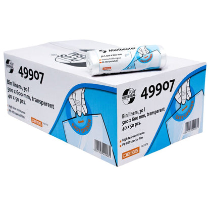 Ένα κουτί με σακούλες απορριμμάτων DEISS Universal Plus®, που χαρακτηρίζεται από τον κωδικό «49907», δείχνει έναν μικρότερο ρόλο από πάνω. Η συσκευασία δείχνει ένα χέρι που κρατά μια διαφανή, ανθεκτική σακούλα με χωρητικότητα 30 λίτρων. Μετρά 500 x 600 mm και περιέχει 40 πακέτα με σακούλες από ειδική μεμβράνη HDPE των 50 τεμαχίων το καθένα. Αυτό το προϊόν είναι από την EMIL DEISS KG (GmbH + Co.).