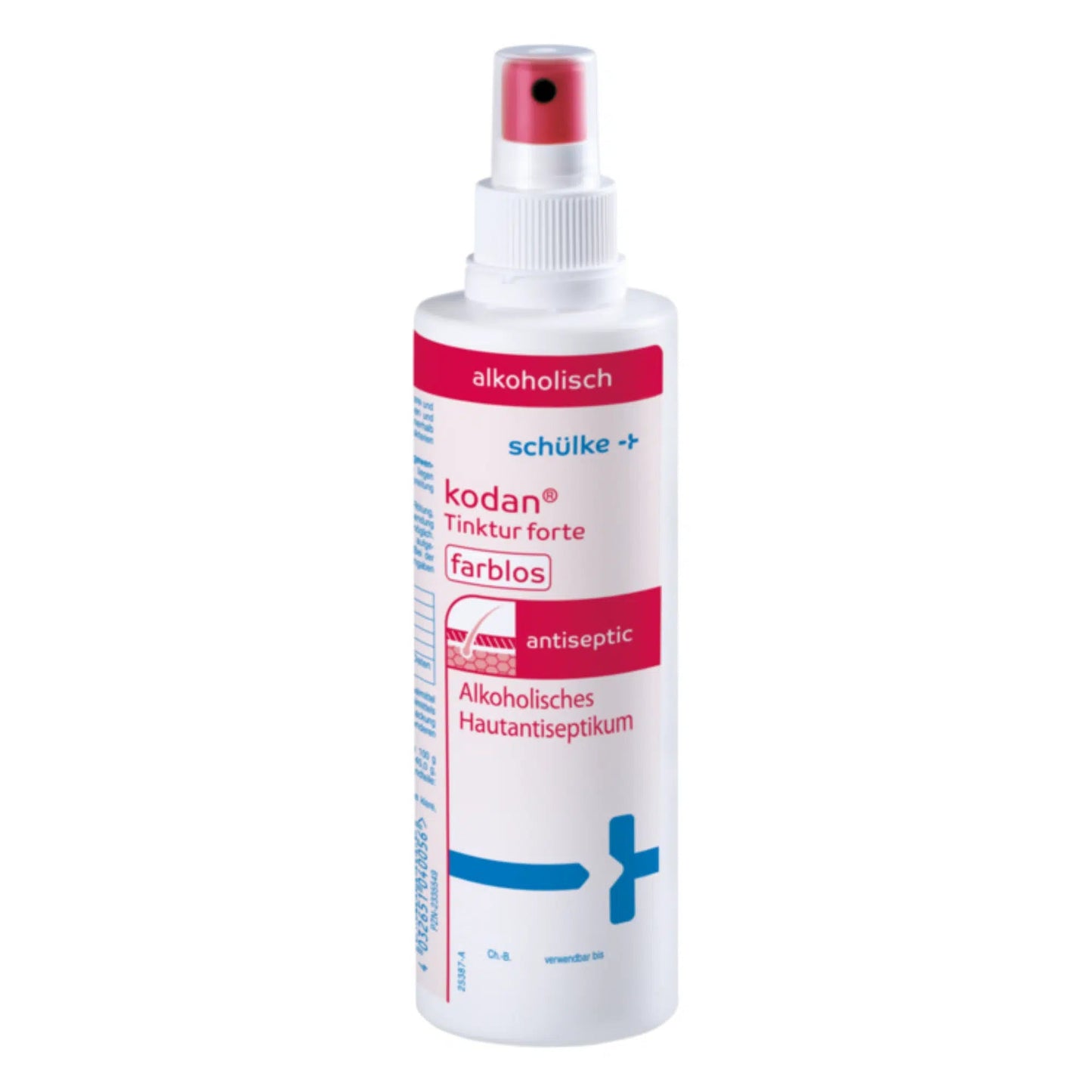 Ένα μπουκάλι Schülke kodan® Tinktur forte δερματικό αντισηπτικό, άχρωμο αντισηπτικό σπρέι της Schülke & Mayr GmbH με κόκκινη σκανδάλη ψεκασμού. Η ετικέτα είναι σε λευκό, ροζ και μπλε και δείχνει ένα γερμανικό κείμενο για