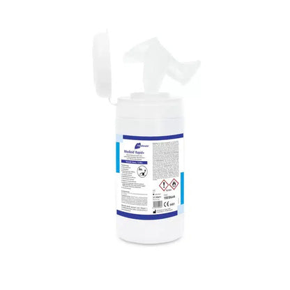 Ένα δοχείο με μαντηλάκια απολύμανσης Meditrade Medizid® Rapid+ της Meditrade GmbH με ανοιχτό καπάκι, στο οποίο φαίνεται ένα μεμονωμένο, μερικώς τραβηγμένο μαντηλάκι απομονωμένο σε λευκό φόντο.