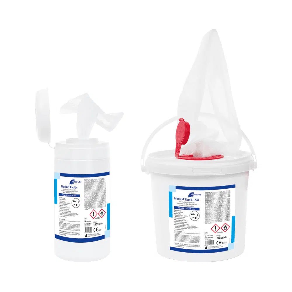 Δύο δοχεία με τα μαντηλάκια απολύμανσης Medizid® Rapid+ της Meditrade GmbH· το ένα κλειστό με καπάκι και ακροφύσια, το άλλο ανοιχτό με τα μαντηλάκια απολύμανσης σε λευκό φόντο.