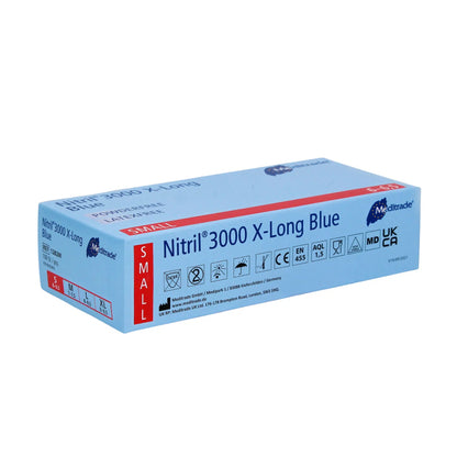 Ένα κουτί Meditrade Nitril® 3000 X-Long 100 τεμ. Νιτριλίου γάντια επιμήκη, μπλε, μικρό σε λευκό φόντο, με πιστοποιητικά ασφαλείας και λεπτομέρειες προϊόντος της Meditrade GmbH.