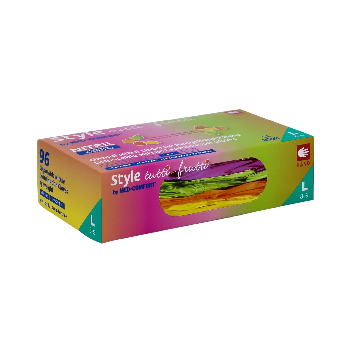 Ένα ορθογώνιο κουτί με AMPri Med-Comfort Πολύχρωμα γάντια νιτριλίου από την AMPri Handelsgesellschaft mbH. Το πολύχρωμο κουτί διαθέτει ένα καθαρό παράθυρο, μέσα από το οποίο είναι ορατά τα γάντια νιτριλίου χωρίς πούδρα, ανθεκτικά σε χημικά. Η ετικέτα αναφέρει το μέγεθος L (8-9) και περιέχει 96 γάντια.